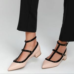Nude Strappy Studded Low Pointed Toe Heels